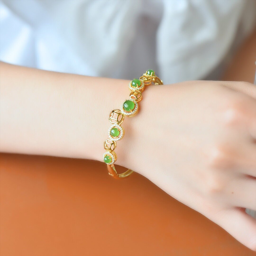 Jade Coin Bangle – S925 Gold - Plated, Green Calm & Golden Grace - Taichi - Zen