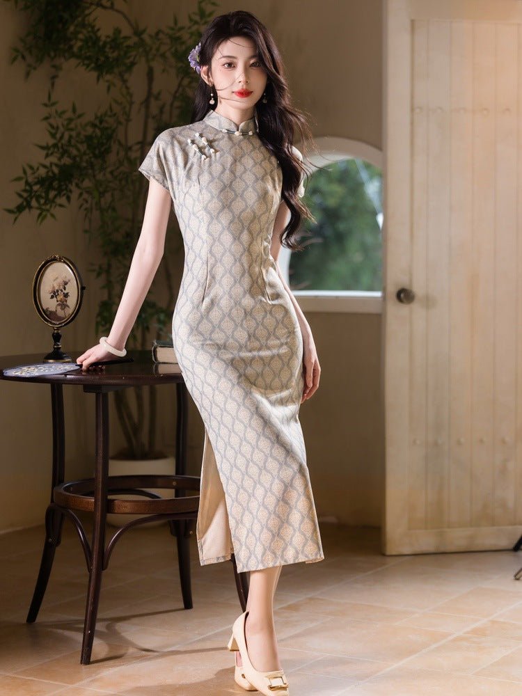 Cypress & Moonlight — Woven Petal Qipao in Pale Gold - Taichi - Zen