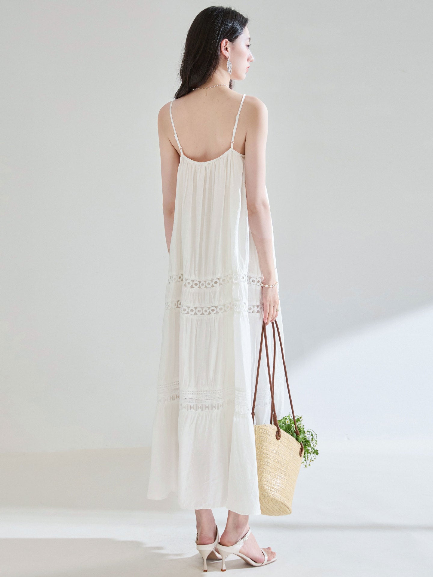 Thin Straps, Light Air — White Panel Dress with Embroidered Hollow Weave - Taichi - Zen