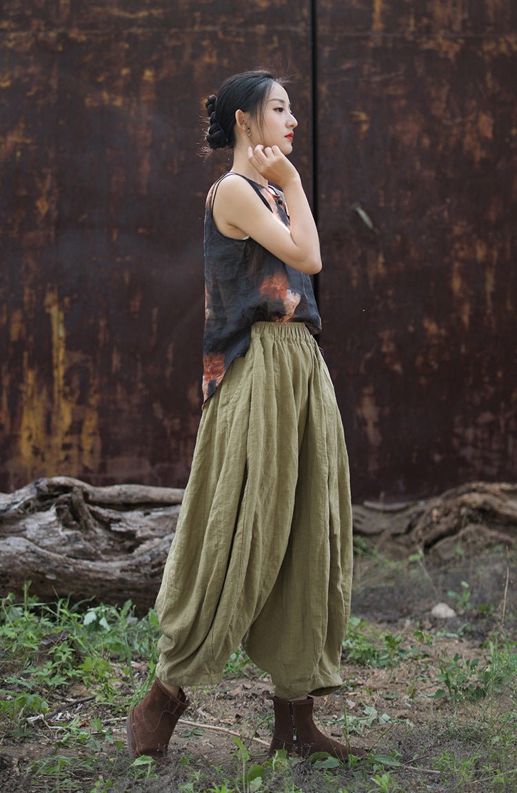 Washed Ramie Patchwork Lantern Pants | Loose - Fit Nine - Tenths Trousers - Taichi - Zen