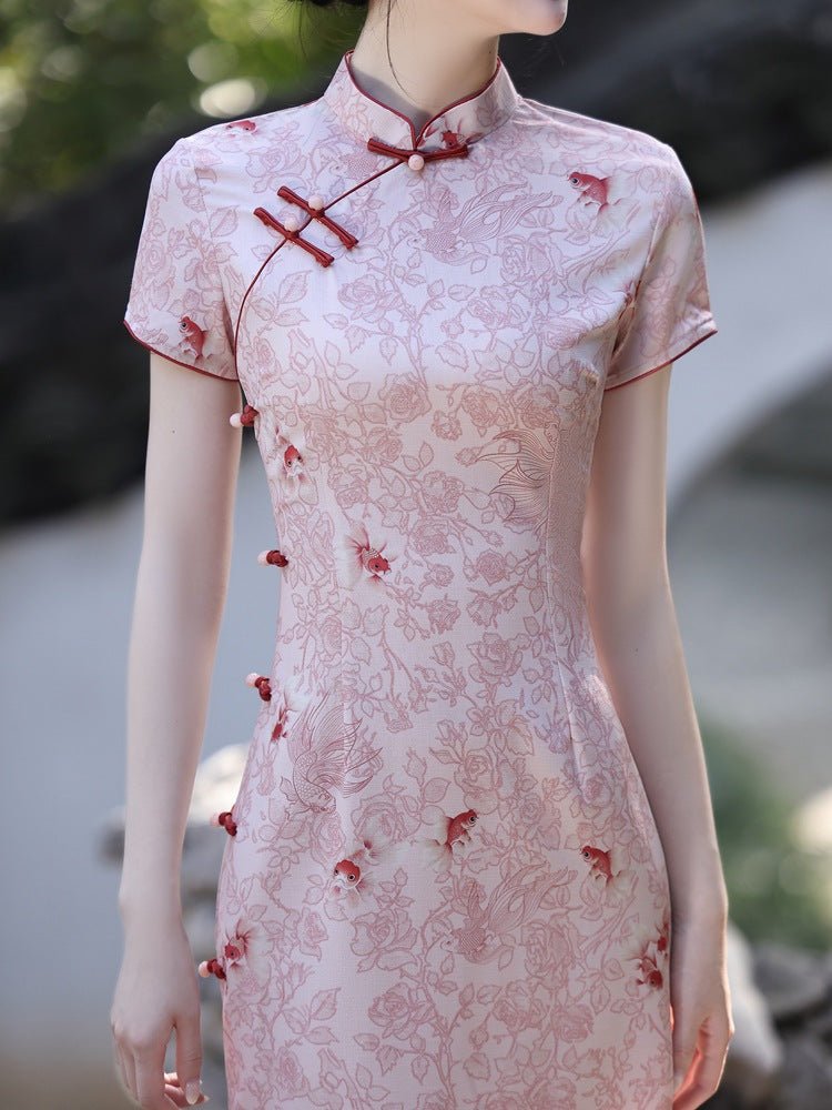 Blush Pink Qipao with Red Floral Accents - Taichi - Zen