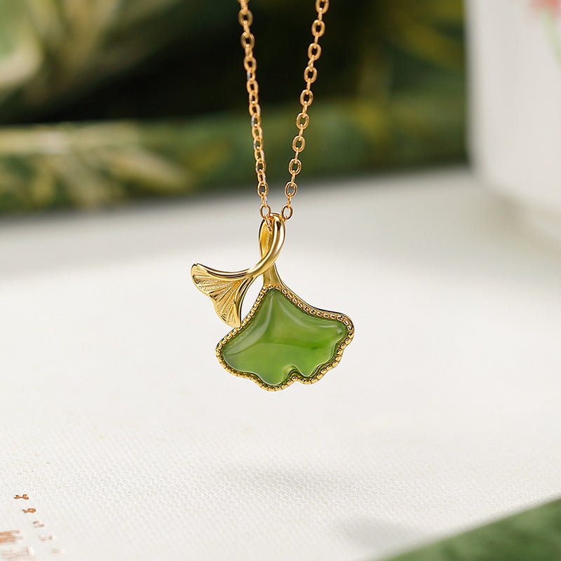 S925 Sterling Silver Gold - Plated Hetian Jade Pendant – Vintage Ginkgo Leaf Necklace | Chinese Minimalist Jewelry - Taichi - Zen