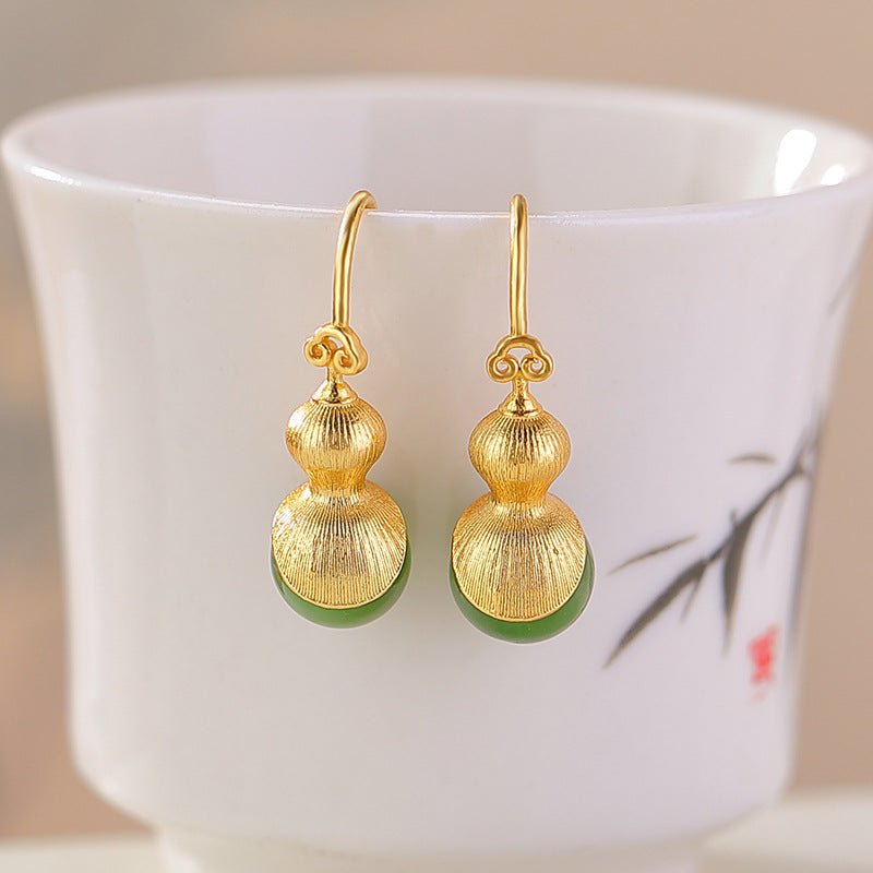 S925 Gold - Plated Hetian Jade & Amber Earrings – Double Blessing Húlu Drops - Taichi - Zen