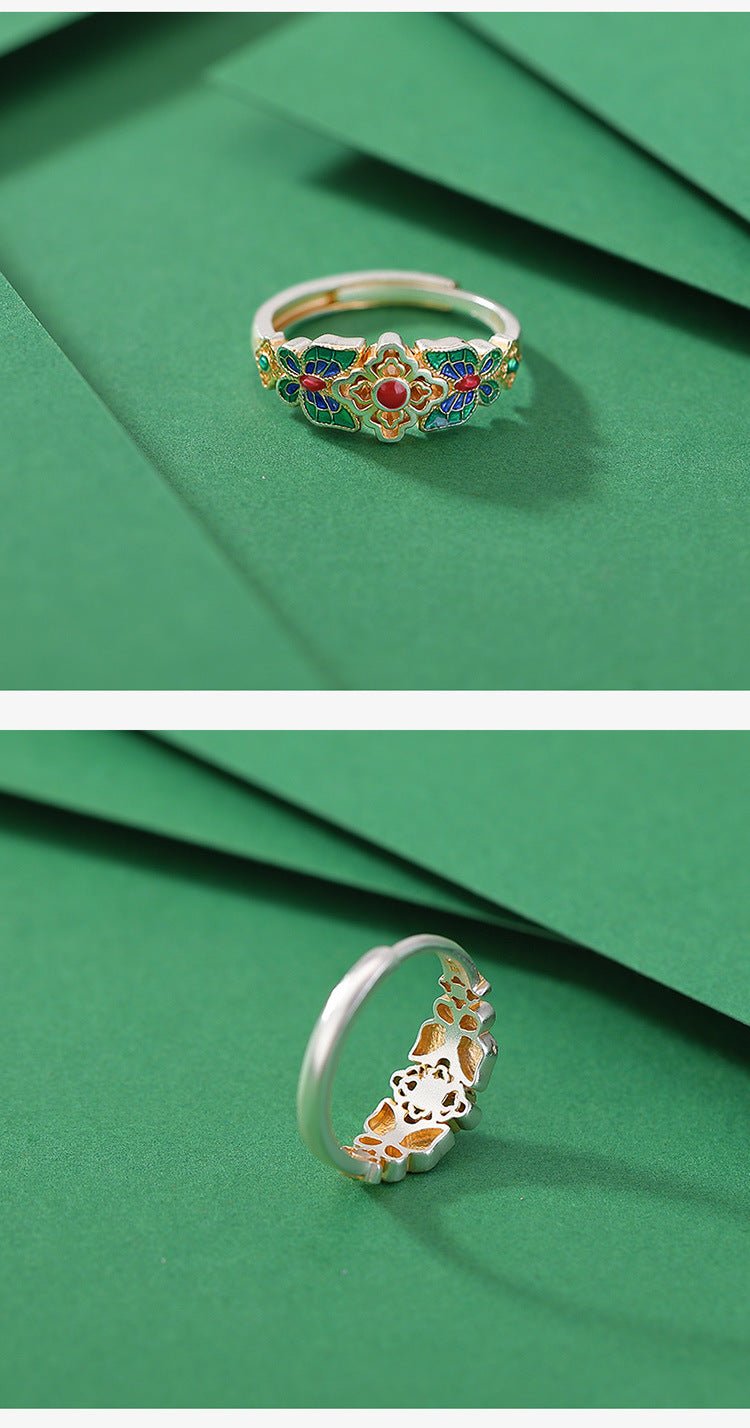 999.9 Pure Silver Enamel Butterfly Flower Ring – Chinese Auspicious Luck Jewelry | Hollow Carving & Gilded Artistry - Taichi - Zen