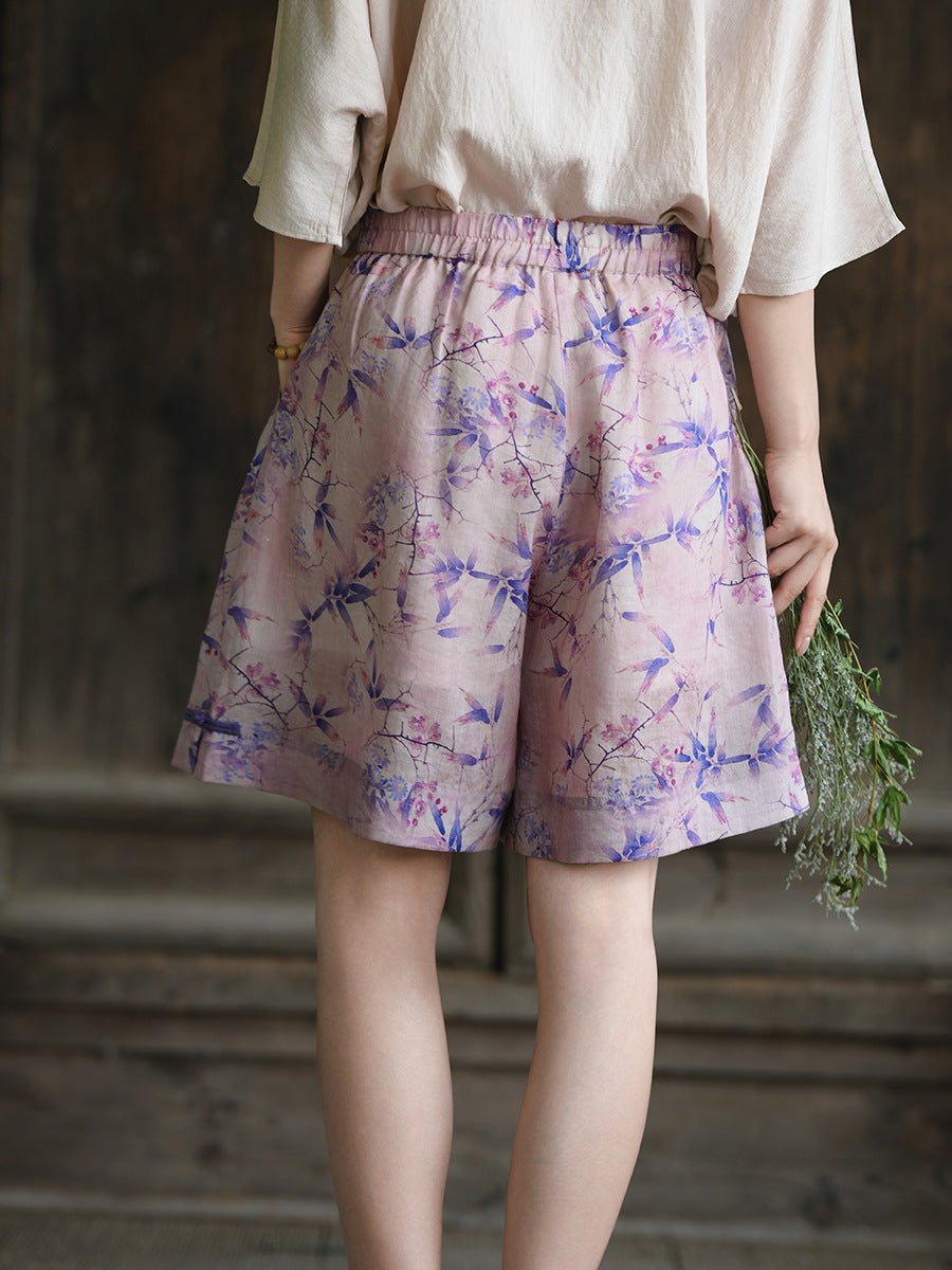 Lotus Ink – Printed Ramie A - line Shorts with Vintage Bloom - Taichi - Zen