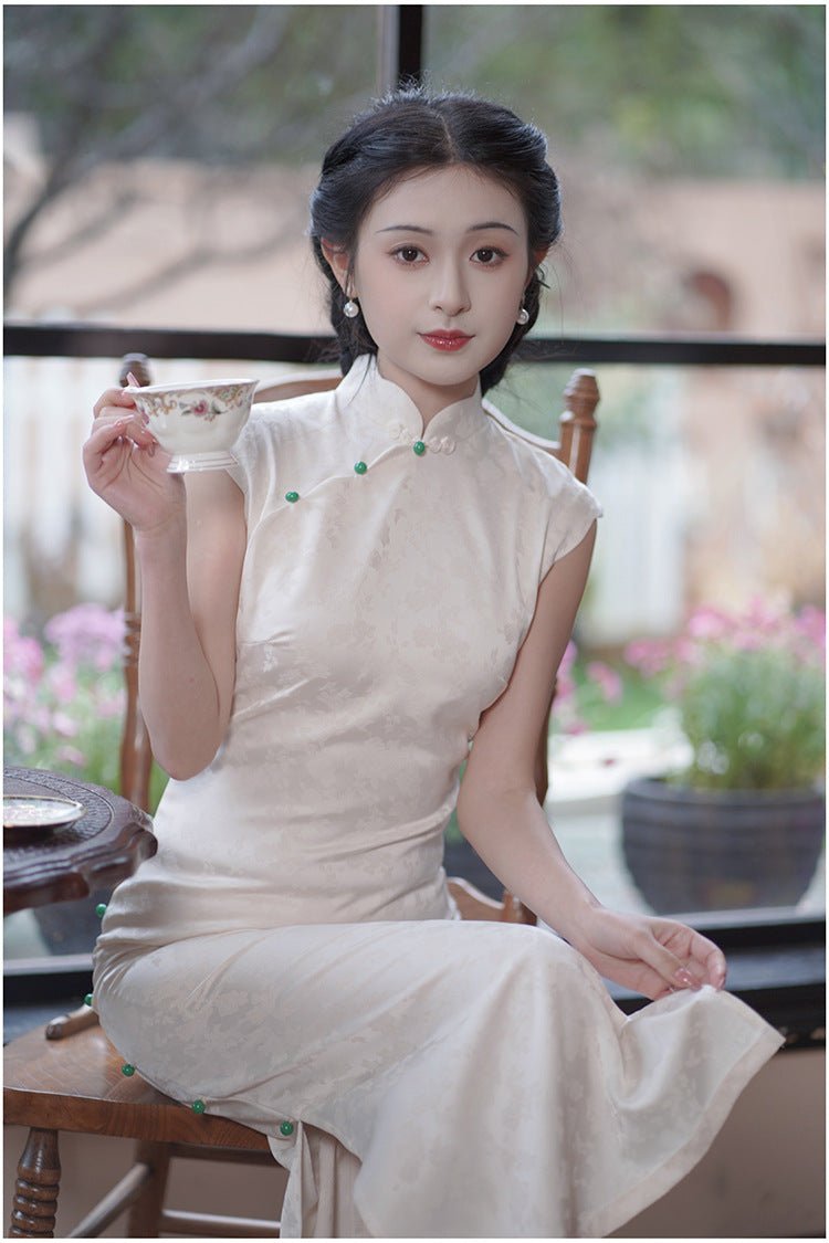 Elegant White Jacquard Petal Collar Qipao Dress – Soft, Vintage - Inspired, Everyday Luxury Look - Taichi - Zen