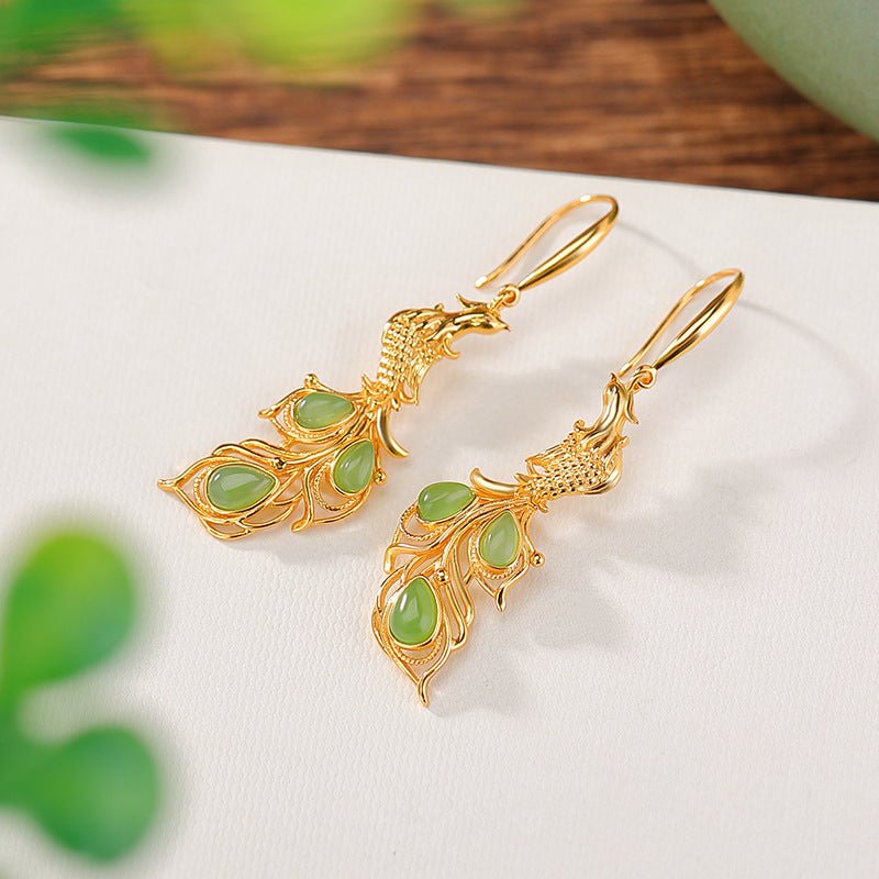 S925 Gold/Silver - Plated Hetian Jade Earrings – Waterdrop & Phoenix Motif | Chinese Heritage Reimagined - Taichi - Zen