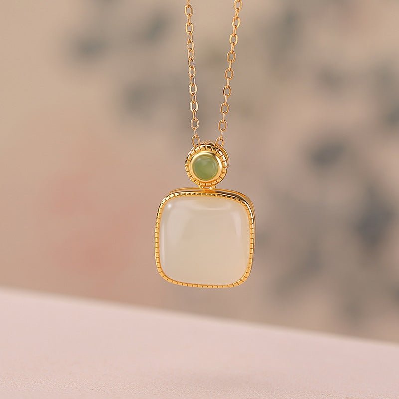 S925 Sterling Silver Hetian Jade & Beeswax Pendant – Minimalist Square Drop Necklace for Women | Chinese Classic Elegance - Taichi - Zen