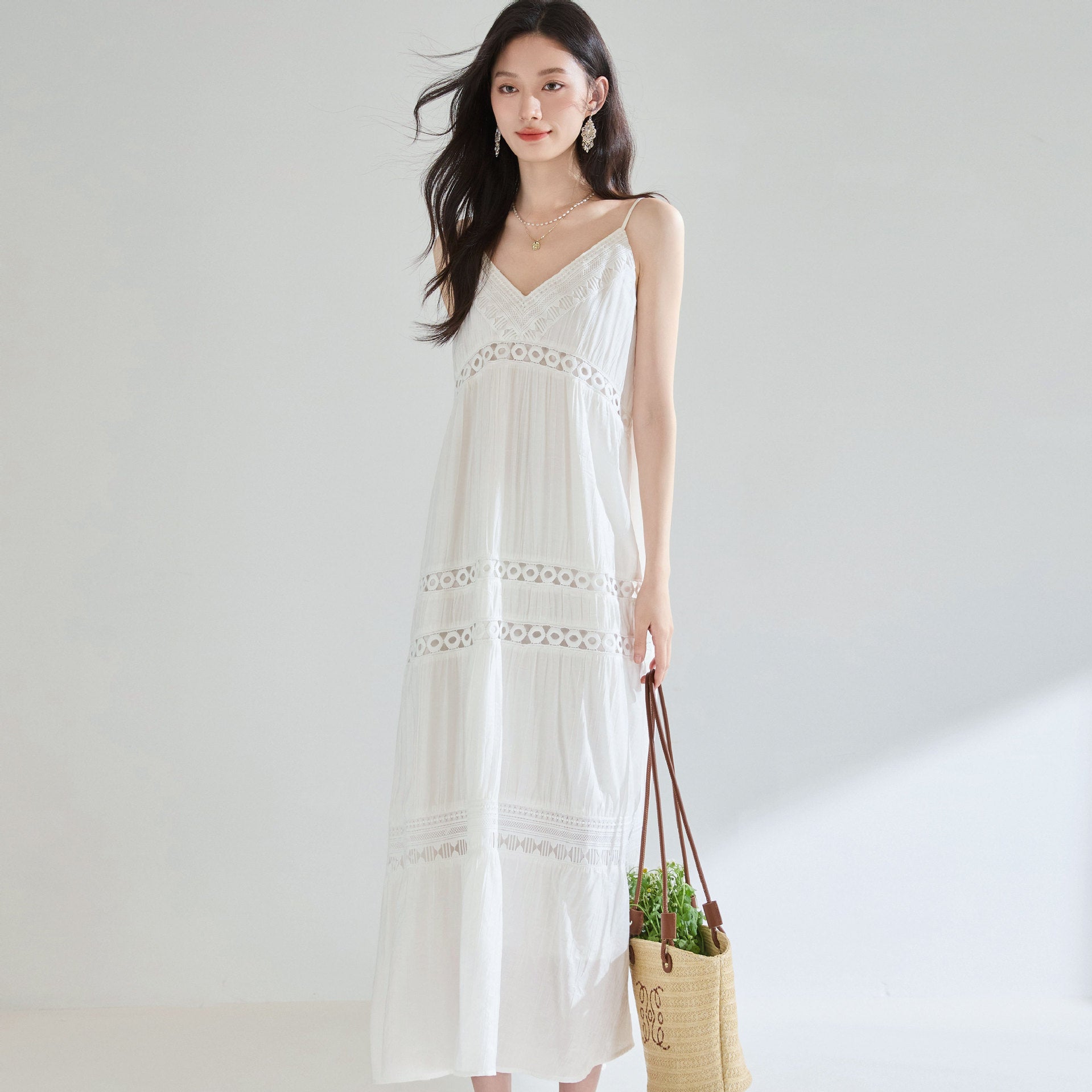 Thin Straps, Light Air — White Panel Dress with Embroidered Hollow Weave - Taichi - Zen