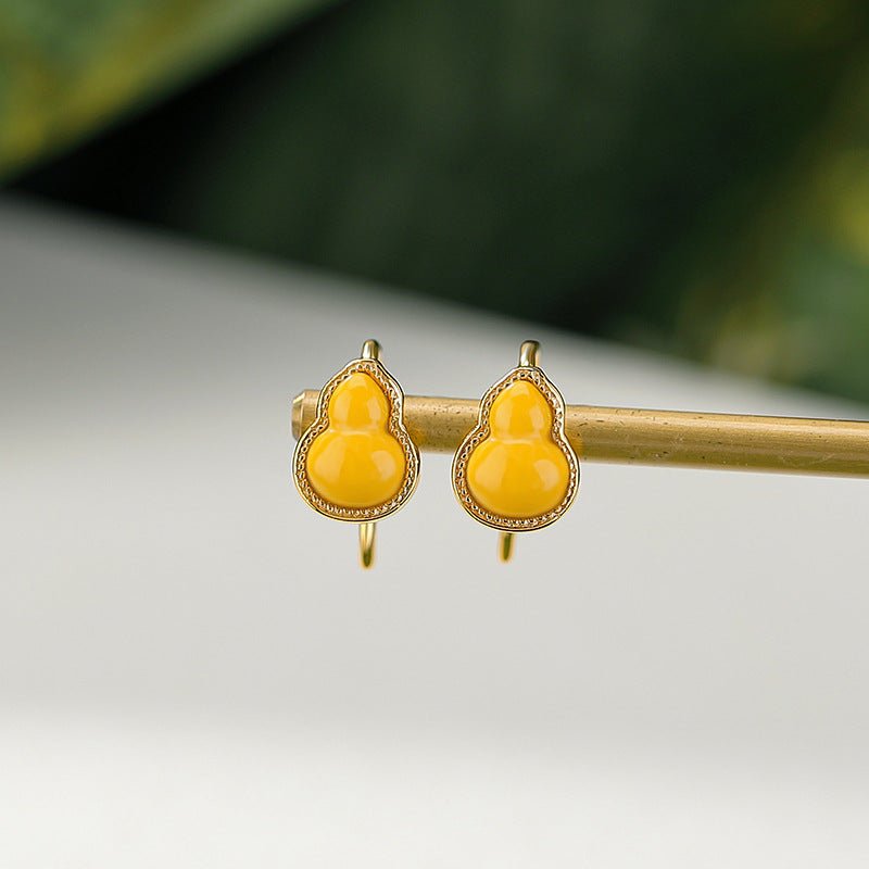 S925 Sterling Silver Gold - Plated Hetian Jade / Beeswax / Red Agate Earrings – Chinese Gourd Hook Design | Natural Gemstone Minimalist Dangle Earrings - Taichi - Zen