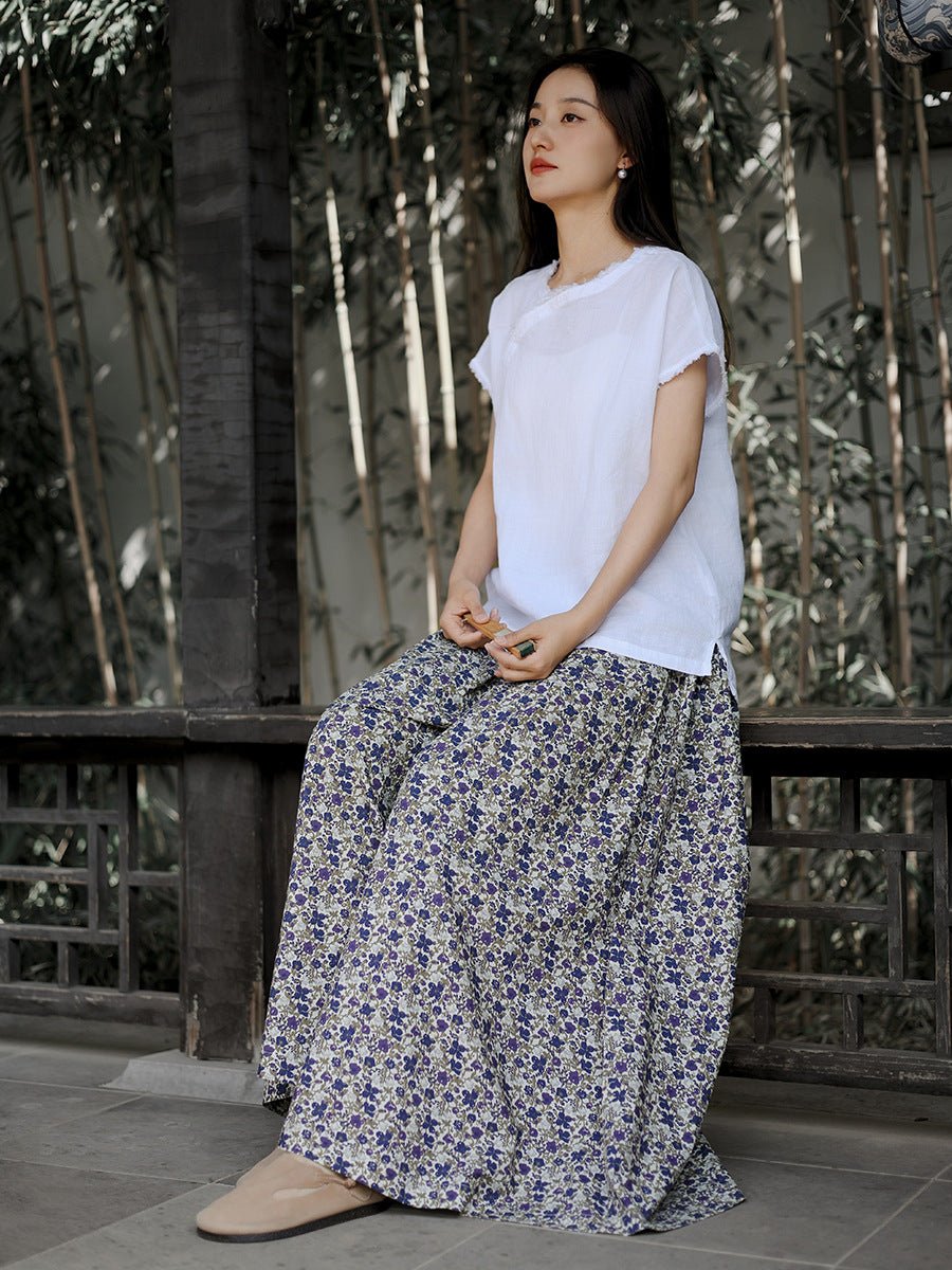 Last Spring, Still Blooming — Wide Cotton Skirt Pants with Floral Print - Taichi - Zen