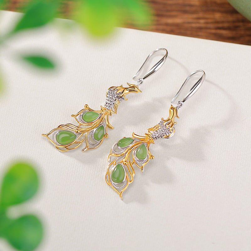 S925 Gold/Silver - Plated Hetian Jade Earrings – Waterdrop & Phoenix Motif | Chinese Heritage Reimagined - Taichi - Zen