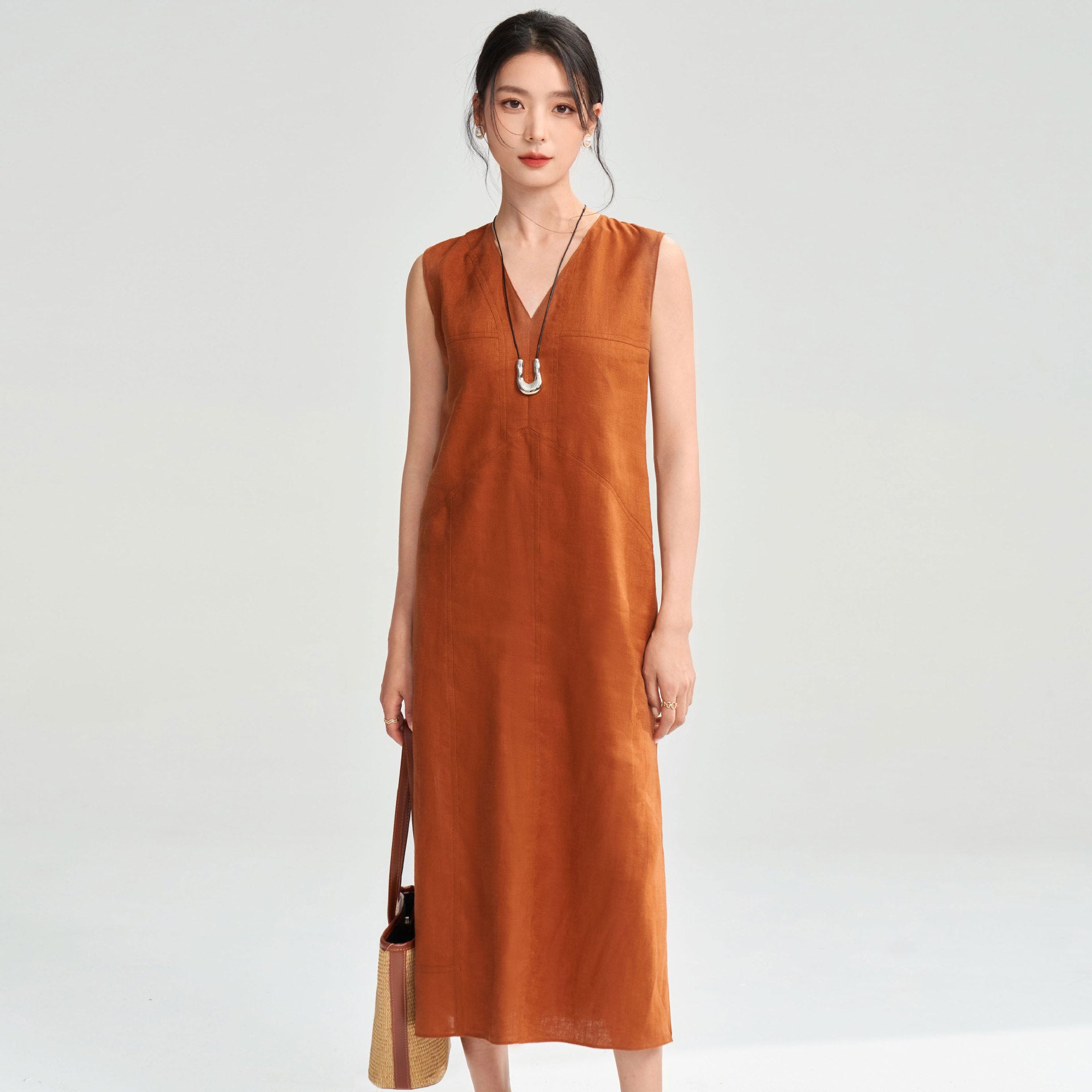 Rust Linen V - Neck Dress with Clean Lines and Bare Shoulders - Taichi - Zen