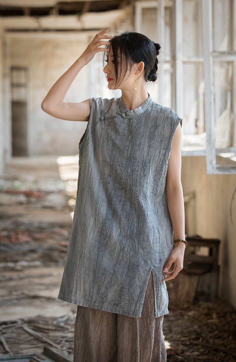 Hanfu - Inspired Sleeveless Linen Vest | New Chinese Style Summer Top - Taichi - Zen