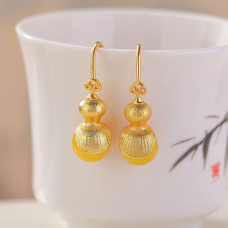 S925 Gold - Plated Hetian Jade & Amber Earrings – Double Blessing Húlu Drops - Taichi - Zen