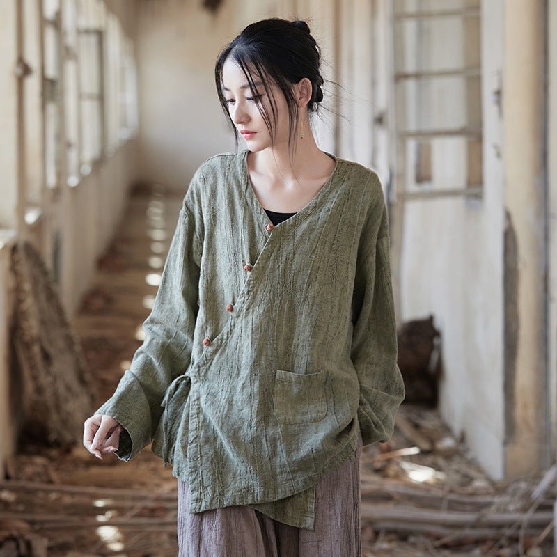 Hand - Dyed Ramie Wrap Blouse | New Chinese Style Loose Jacket - Taichi - Zen