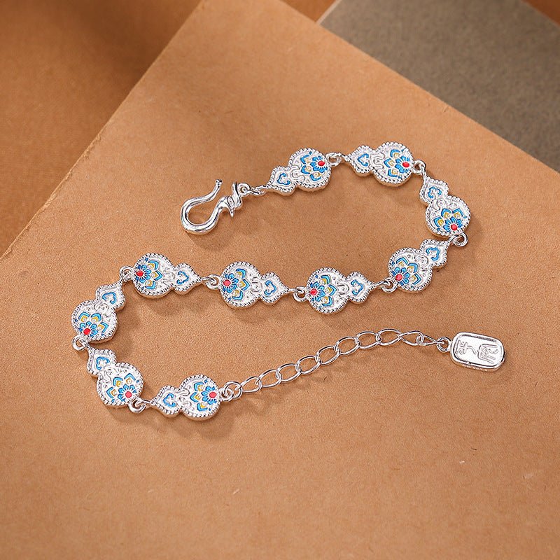 Pure 999.9 Silver 'Ruyi' Blessing Bracelet – Enamel Treasure Flowers & Lucky Gourds - Taichi - Zen