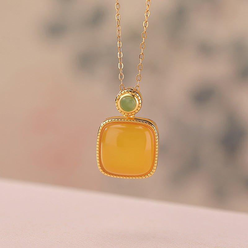 S925 Sterling Silver Hetian Jade & Beeswax Pendant – Minimalist Square Drop Necklace for Women | Chinese Classic Elegance - Taichi - Zen