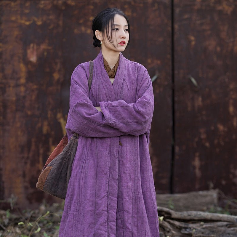 Handmade Long Cotton - Linen Winter Coat | Zen Style Padded Jacket | Tie - Dye Vintage Finish - Taichi - Zen