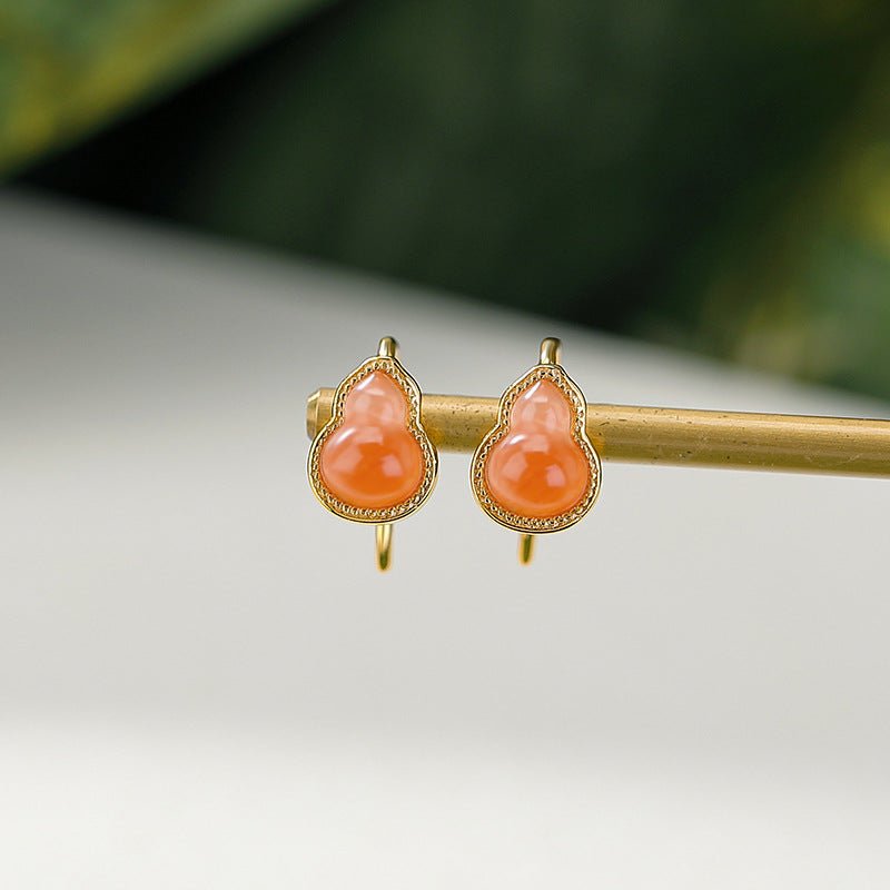 S925 Sterling Silver Gold - Plated Hetian Jade / Beeswax / Red Agate Earrings – Chinese Gourd Hook Design | Natural Gemstone Minimalist Dangle Earrings - Taichi - Zen