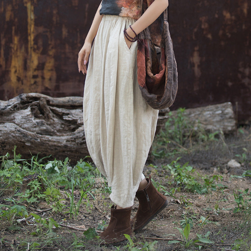 Washed Ramie Patchwork Lantern Pants | Loose-Fit Nine-Tenths Trousers