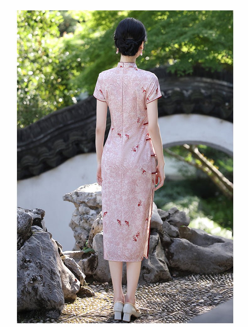 Blush Pink Qipao with Red Floral Accents - Taichi - Zen