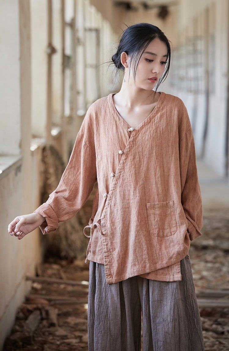 Hand - Dyed Ramie Wrap Blouse | New Chinese Style Loose Jacket - Taichi - Zen