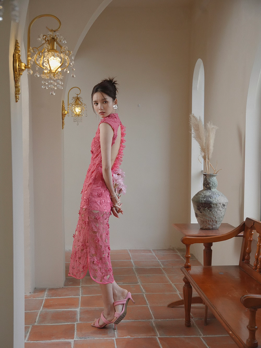 Haitang Red Cheongsam Dress - Chinese Lace Backless Dress