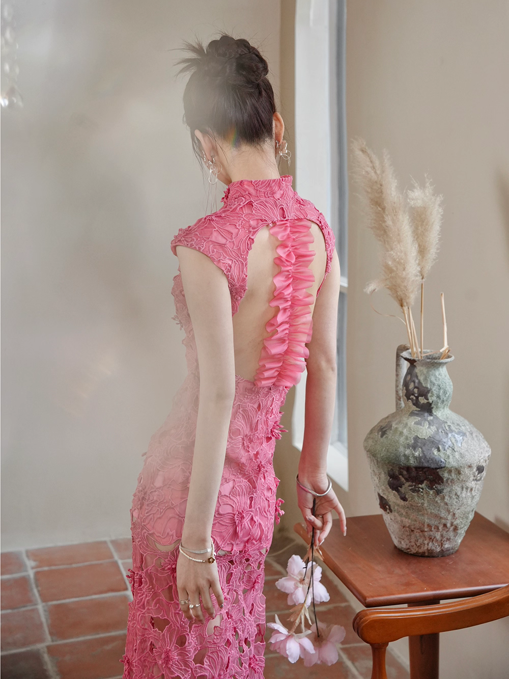 Haitang Red Cheongsam Dress - Chinese Lace Backless Dress