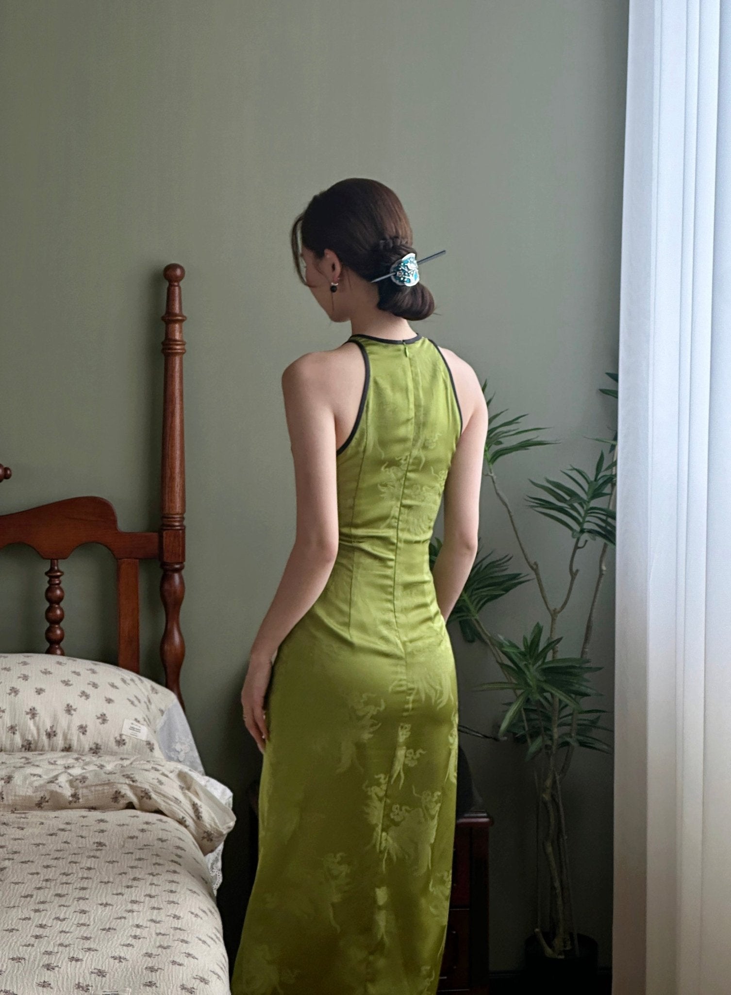 Bamboo Green Satin Cheongsam Dress - Modern Chinese Style Slip Dress - Taichi - Zen