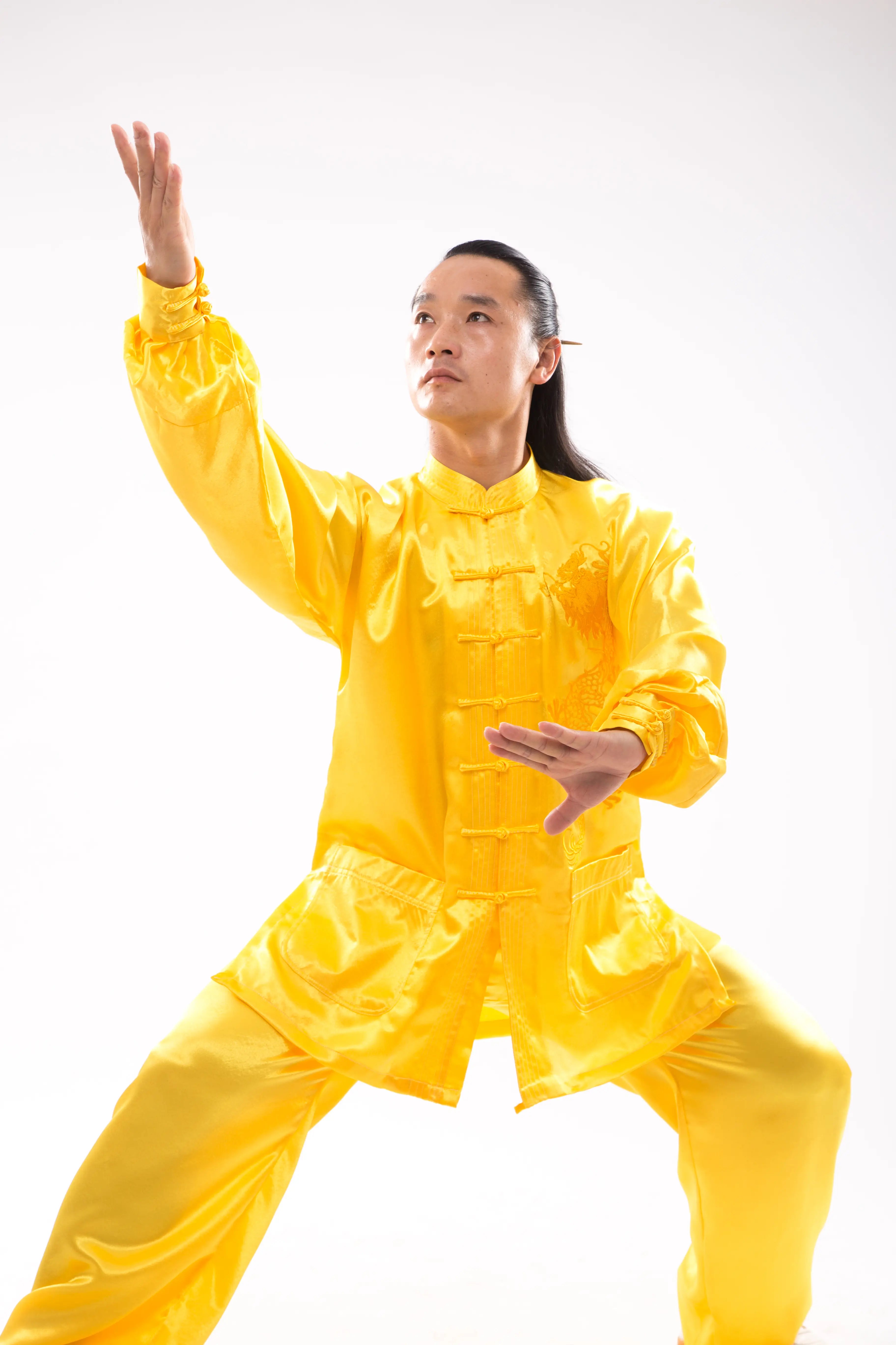 Dragon Yellow Wudang Tai Chi Ensemble: Gender-Inclusive, Luxe Silk-Linen Fusion - Sublime Elegance in Traditional Chinese Martial Arts Wear