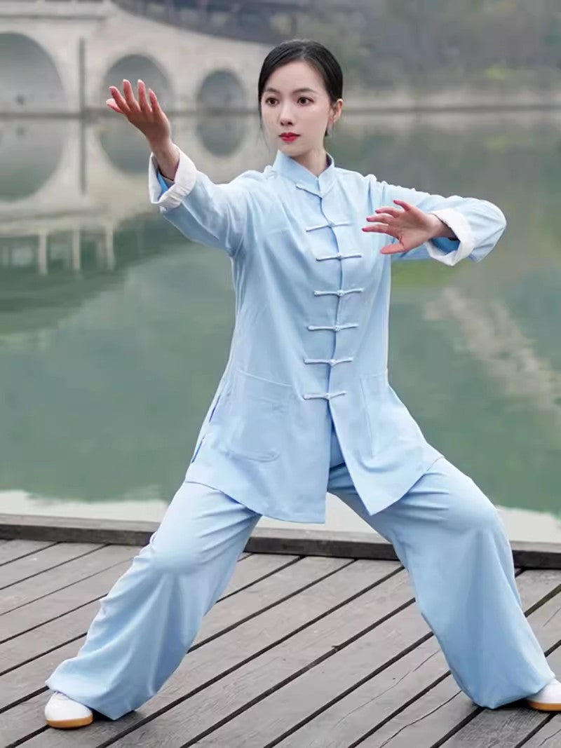 Wudang Mountain Tai Chi Hanfu with Two-Tone Cuffs: Gender-Neutral, Natural Silk and Linen Blend - Authentic Traditional Chinese Martial Arts Uniform