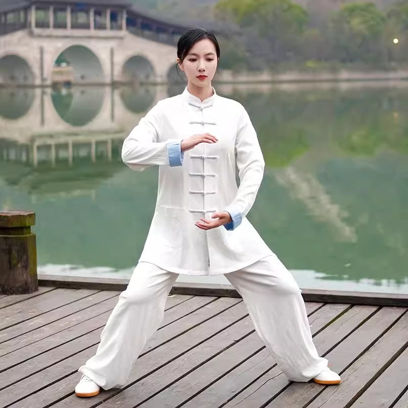 Wudang Mountain Tai Chi Hanfu with Two-Tone Cuffs: Gender-Neutral, Natural Silk and Linen Blend - Authentic Traditional Chinese Martial Arts Uniform