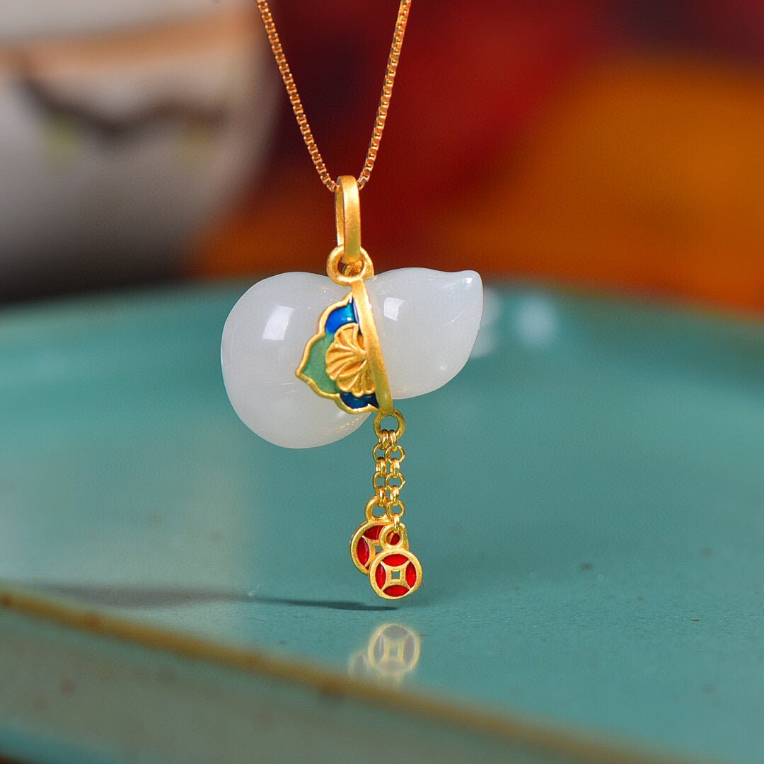 White Jade Gourd Pendant – S925 Silver, Enamel Details, Lucky Charm - Taichi - Zen