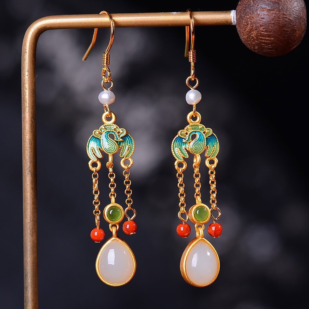 Elegant Chinese-style drop earrings featuring jade beads, green tassels, and intricate gold detailing.