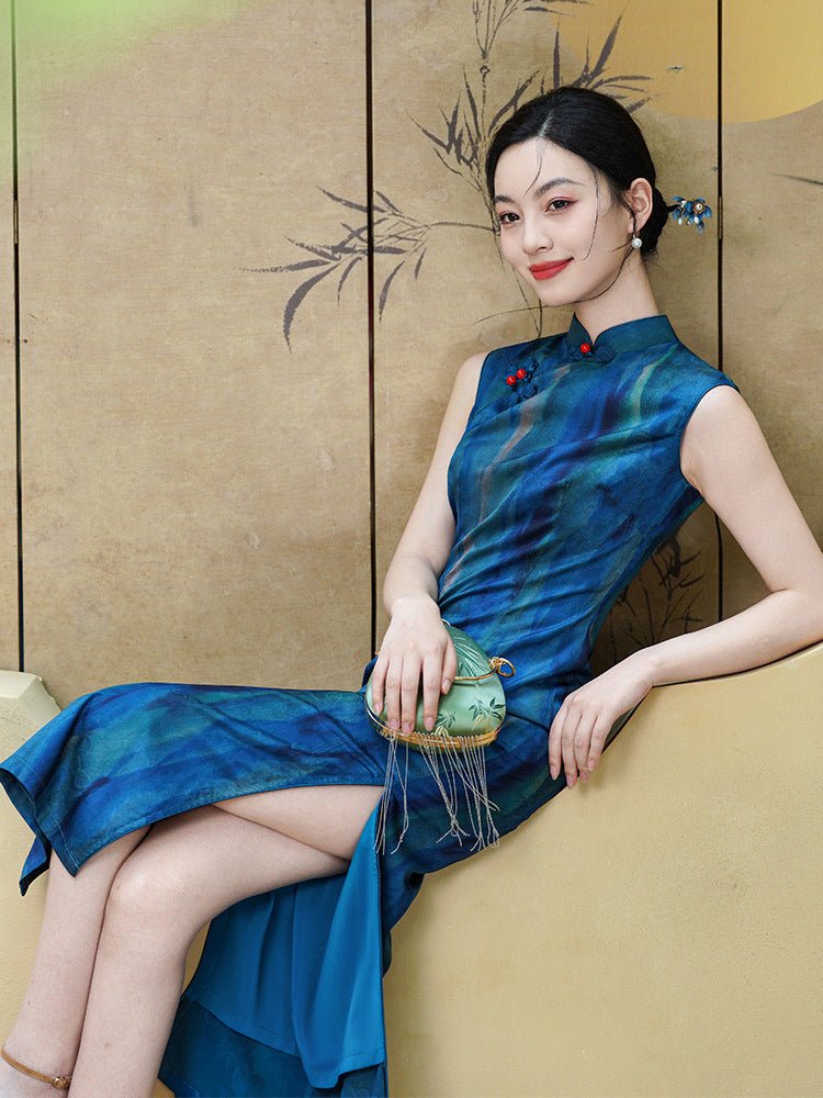 Indigo Jacquard Qipao with Flowing Side Drape - Taichi - Zen