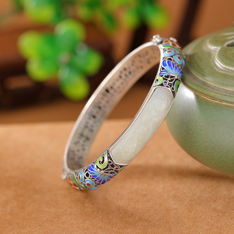 S925 Sterling Silver Hetian Jade Bangle – Adjustable Open Design with Enamel Butterfly & Lotus Motifs - Taichi - Zen