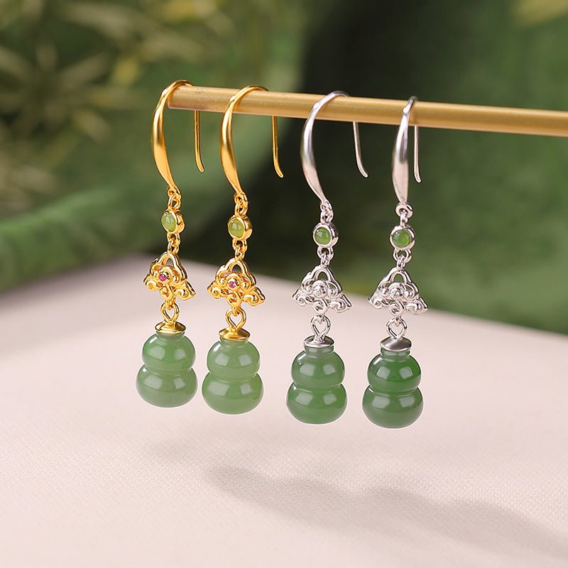 S925 Gold - Plated Hetian Jade Drop Earrings – Double Gourd of Fortune & Mindful Elegance - Taichi - Zen
