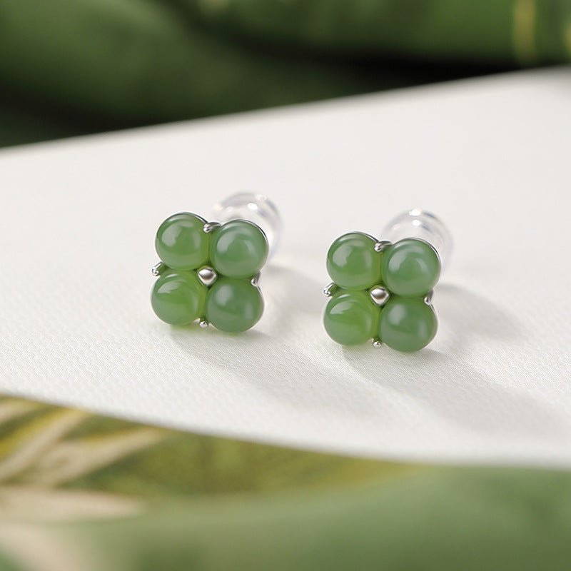 S925 Sterling Silver Jadeite Stud Earrings – "Alchemical Clover Talismans" - Taichi - Zen
