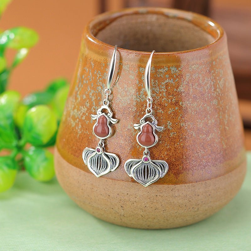 S925 Sterling Silver Red Agate Earrings – "Golden Fish & Gourd Harmony" - Taichi - Zen