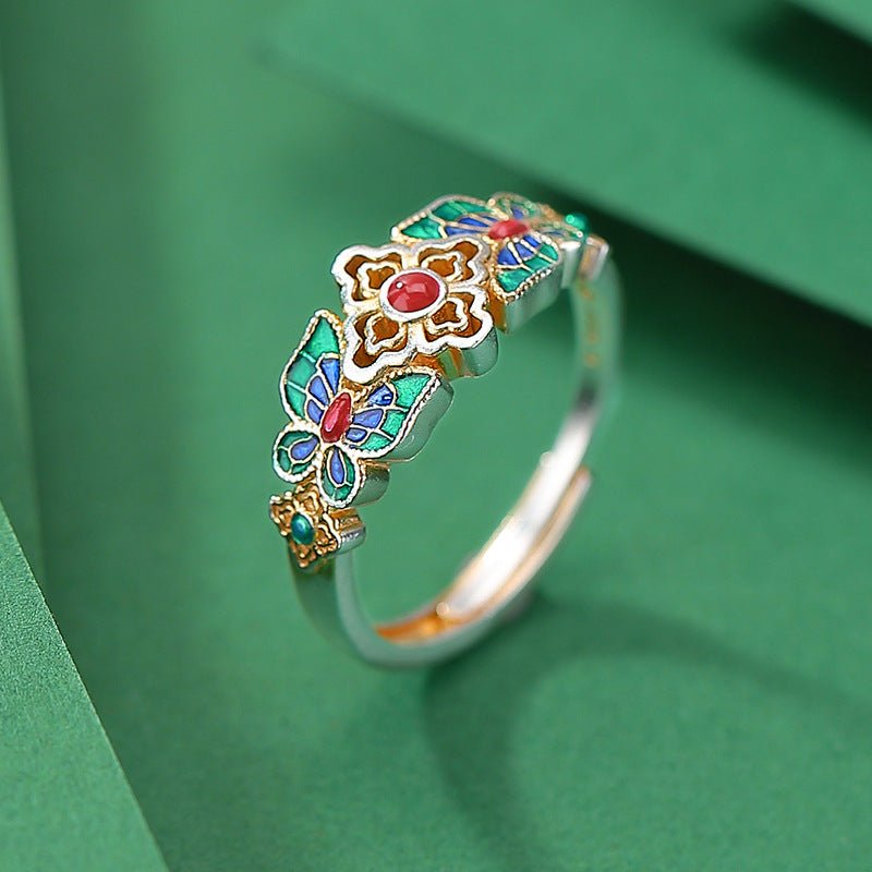 999.9 Pure Silver Enamel Butterfly Flower Ring – Chinese Auspicious Luck Jewelry | Hollow Carving & Gilded Artistry - Taichi - Zen