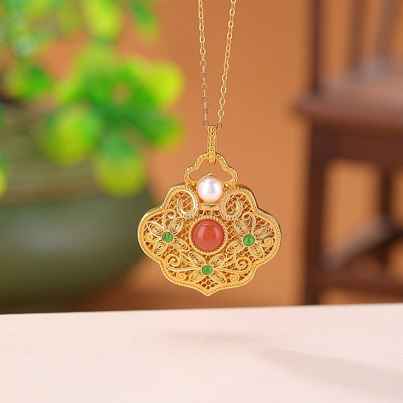 S925 Gold - Plated Red Agate Pendant – "Blossoming Fortune" - Taichi - Zen