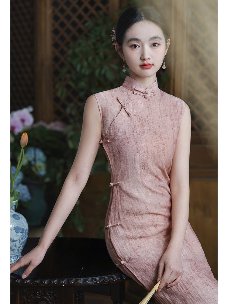 Elegant Pink Full - Front Qipao – Breezy Soft Modern Cheongsam for Summer, Feminine & Flattering Look - Taichi - Zen