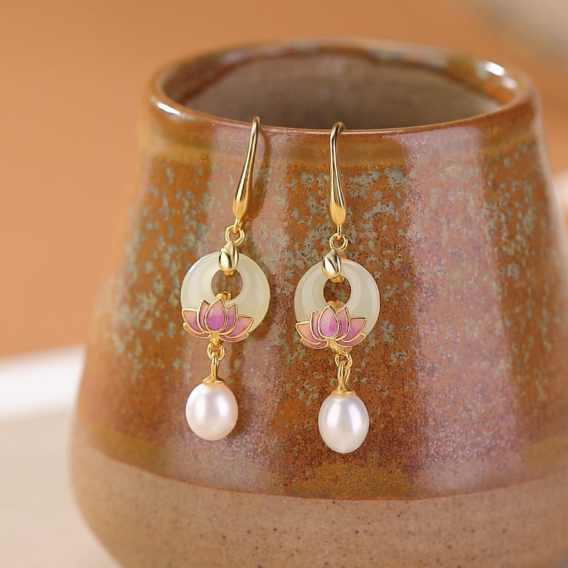 Chinese ’Hetianyu'：Good Fortune to Go - Hetian Jade & Pearl Enamel Earrings - Taichi - Zen