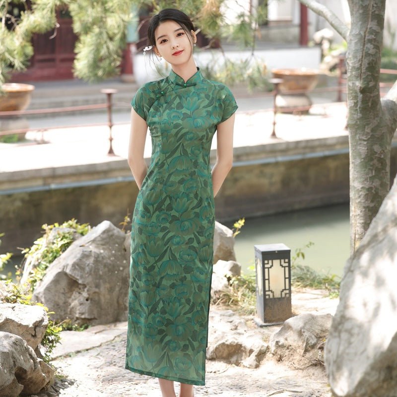 Lotus Green Qipao with Shadowed Floral Weave - Taichi - Zen
