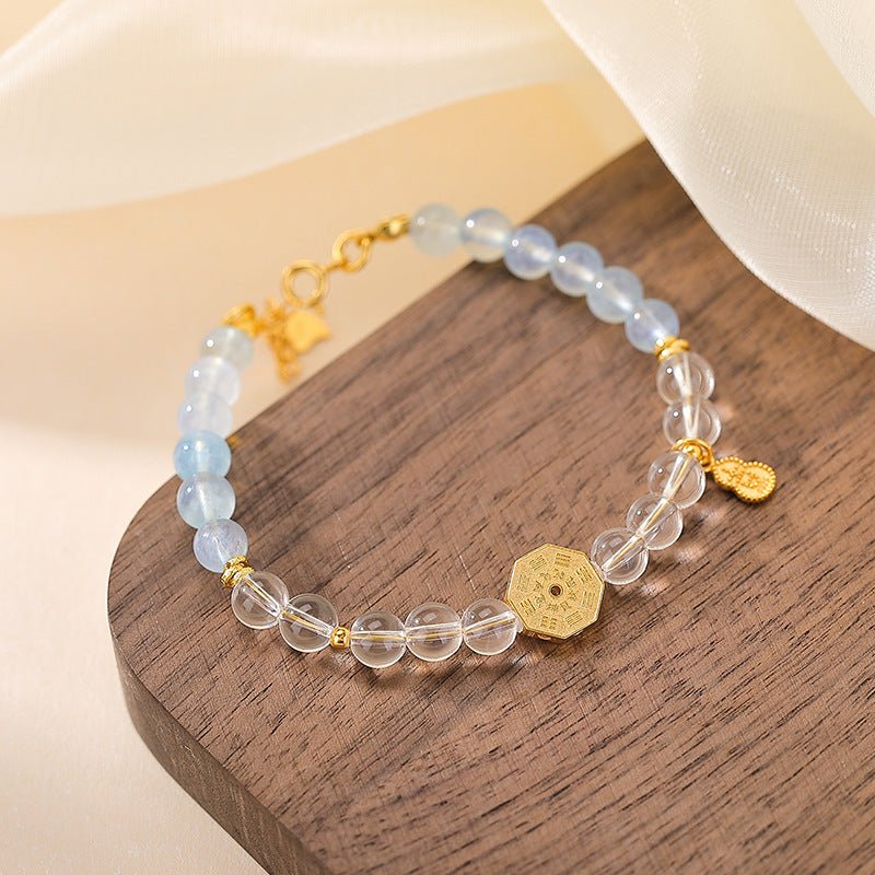 S925 Sterling Silver Gold - Plated Clear Crystal & Aquamarine Bracelet – Mountain Spirit & Mystical Symbols - Taichi - Zen