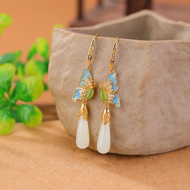 S925 Gold - Plated Hetian Jade Earrings – "Butterfly Alchemy" - Taichi - Zen
