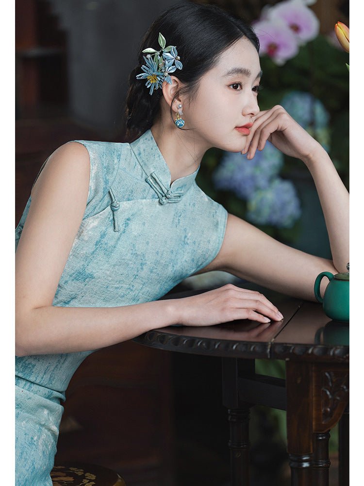 Sky Whisper Qipao – Calm Blue with Quiet Elegance - Taichi - Zen