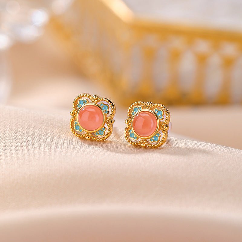 S925 Gold - Plated Water Red Agate Earrings – Double Fortune Motifs in Bloom - Taichi - Zen