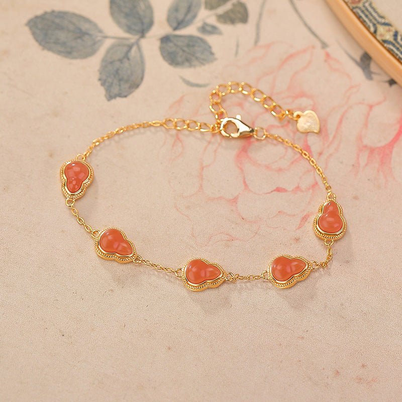 Natural Nanhong Water - Red Gourd Bracelet – S925 Sterling Silver Gold - Plated Lucky Double Gourd & Coin Charm | Wealth, Health & Longevity Amulet - Taichi - Zen